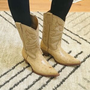 Women’s Tan Ostrich-Texture Western Heeled Boots